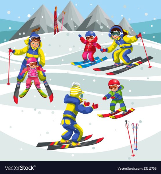 Cartoon little children learning to skiing in mountains. Happy kids ski running in snowy hills vector illustration. Winter sports at holidays. Blue sky on background